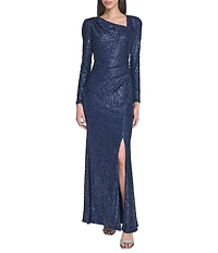 Eliza J Sequin Long Sleeve Asymmetrical Neckline Side Slit And Side Tuck Gown