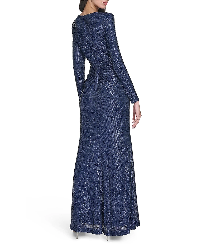 Eliza J Sequin Long Sleeve Asymmetrical Neckline Side Slit And Side Tuck Gown