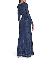Eliza J Sequin Long Sleeve Asymmetrical Neckline Side Slit And Side Tuck Gown