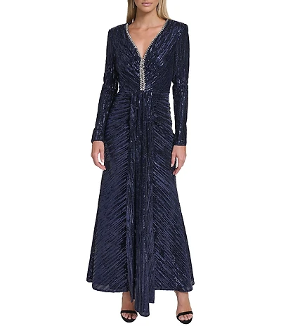Eliza J Sequin Long Sleeve Center Front Skirt Sash Gown