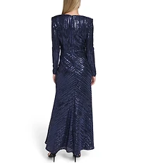 Eliza J Sequin Long Sleeve Center Front Skirt Sash Gown