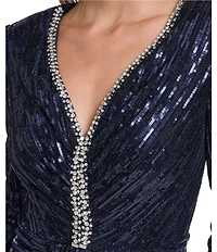 Eliza J Sequin Long Sleeve Center Front Skirt Sash Gown