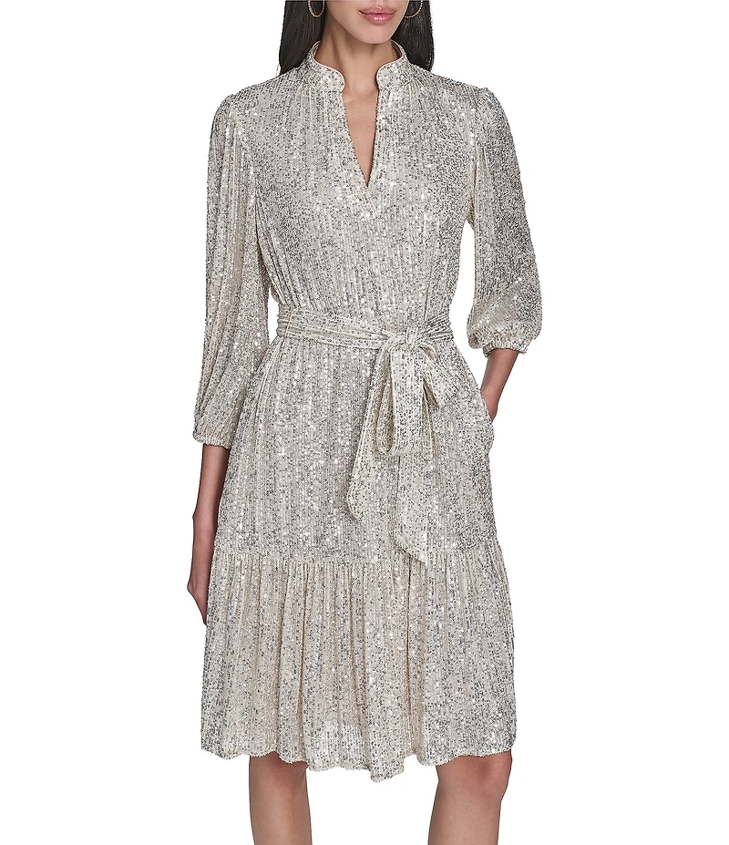 Eliza J Sequin Long Sleeves Belted Short Dress