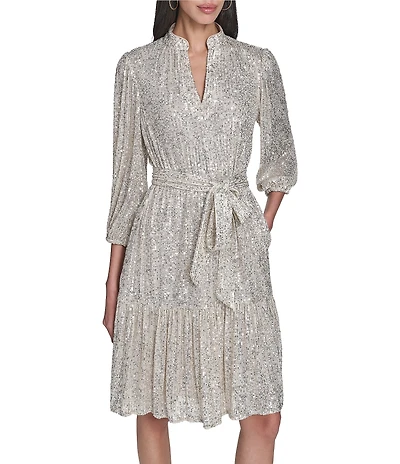 Eliza J Sequin Long Sleeves Belted Short Dress