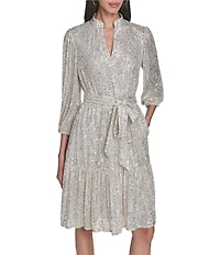 Eliza J Sequin Long Sleeves Belted Short Dress