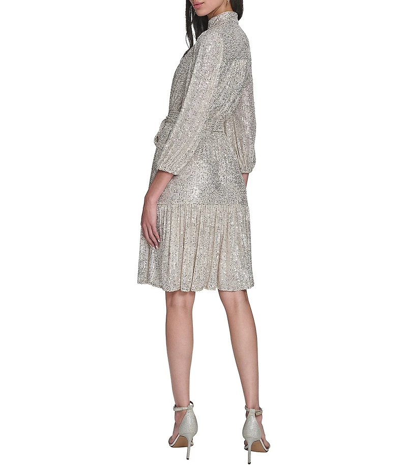 Eliza J Sequin Long Sleeves Belted Short Dress