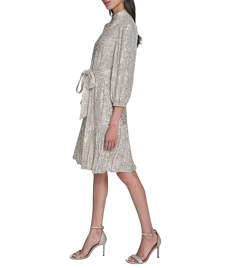 Eliza J Sequin Long Sleeves Belted Short Dress