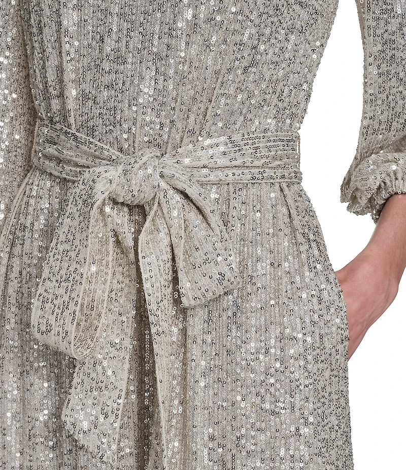 Eliza J Sequin Long Sleeves Belted Short Dress