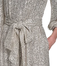 Eliza J Sequin Long Sleeves Belted Short Dress