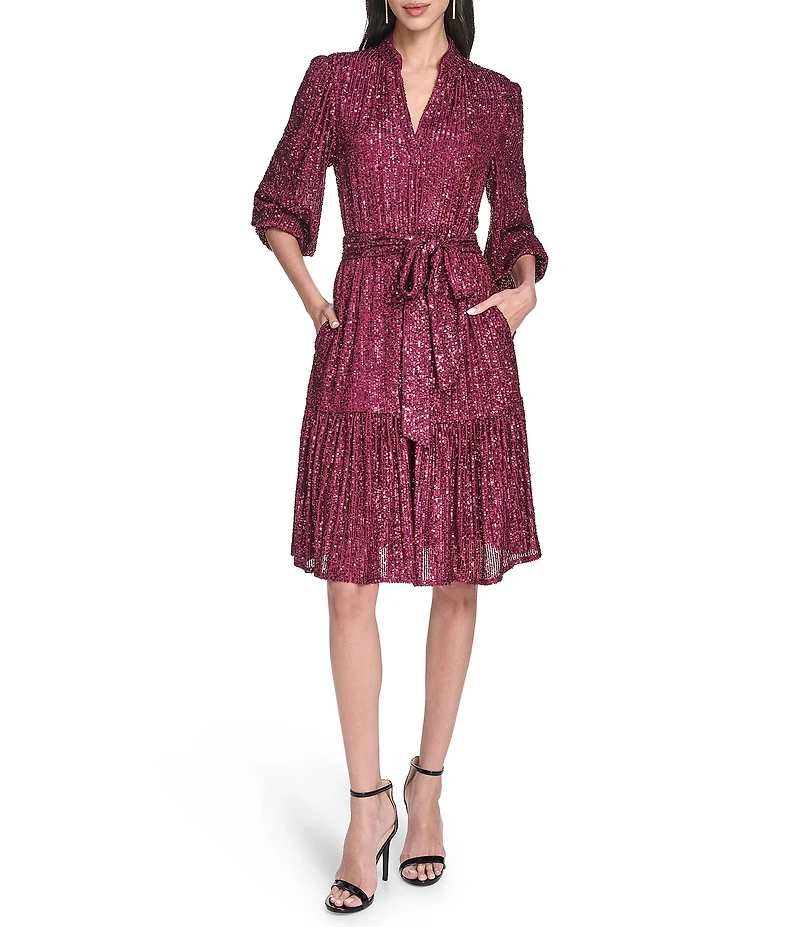 Eliza J Sequin Long Sleeves Belted Short Dress