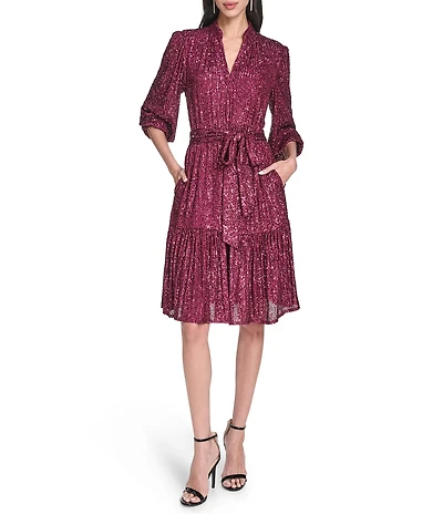 Eliza J Sequin Long Sleeves Belted Short Dress