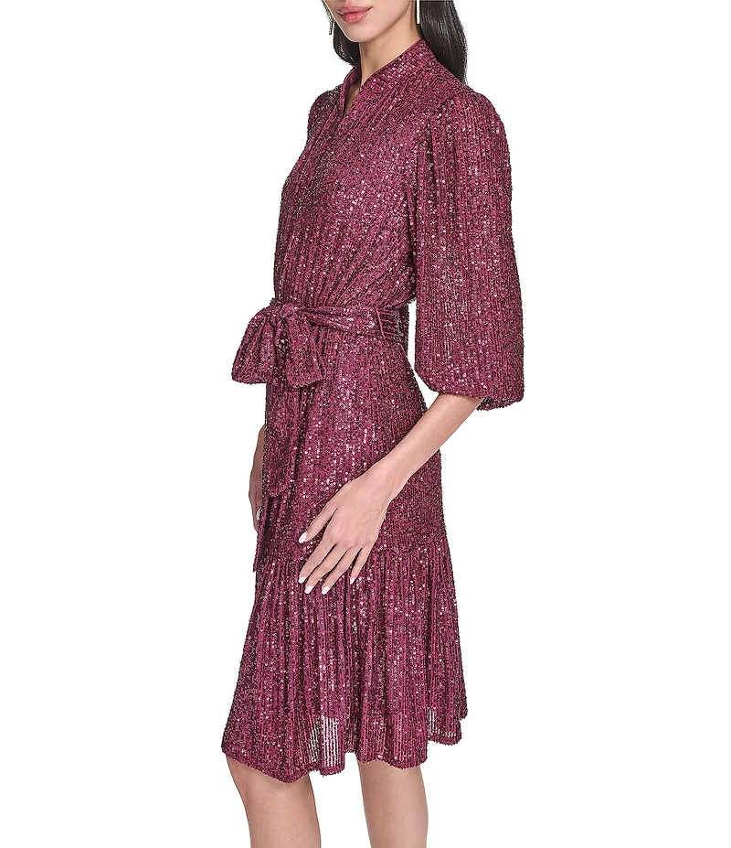 Eliza J Sequin Long Sleeves Belted Short Dress
