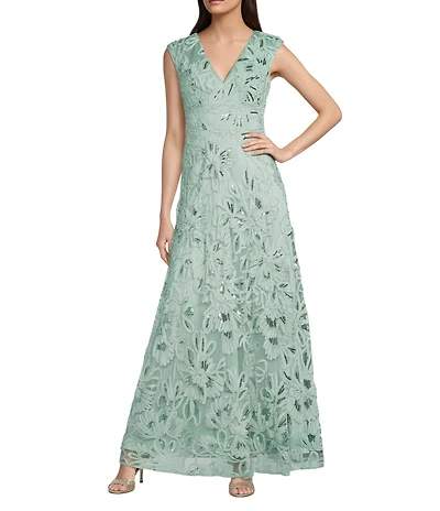 Eliza J Sequin Soutache V-Neck Cap Sleeve A-Line Gown