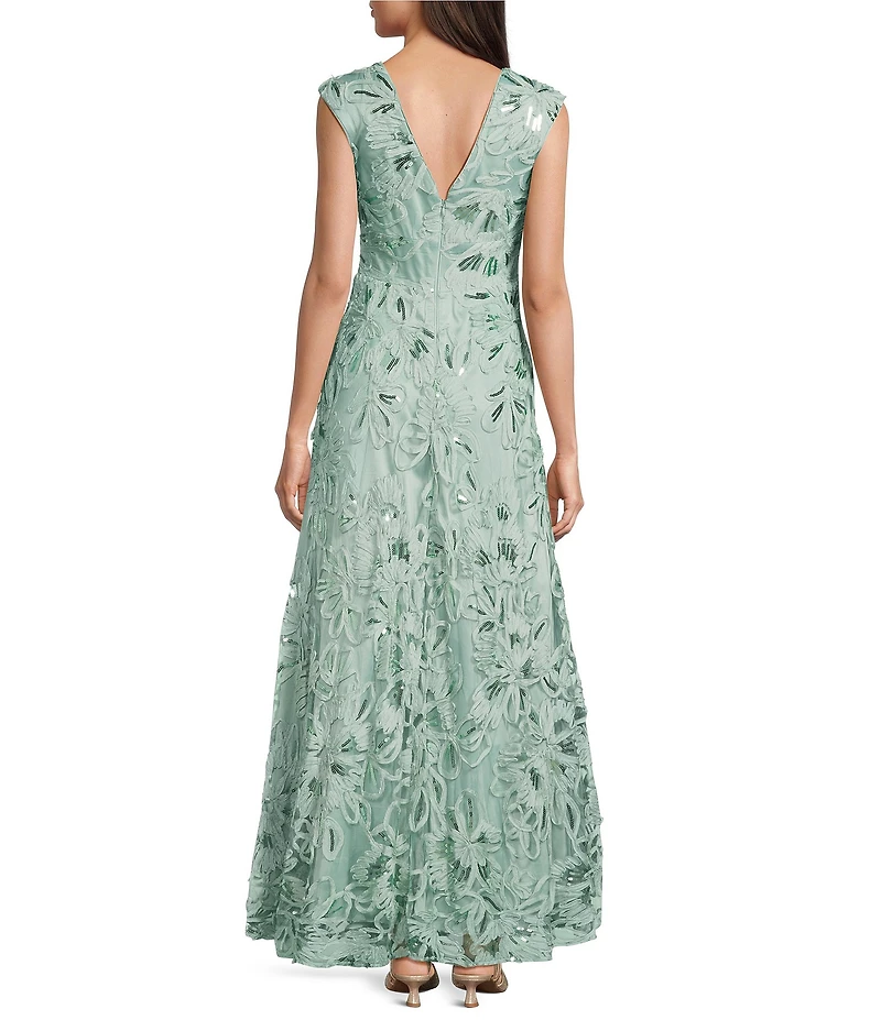 Eliza J Sequin Soutache V-Neck Cap Sleeve A-Line Gown