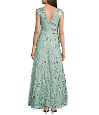 Eliza J Sequin Soutache V-Neck Cap Sleeve A-Line Gown