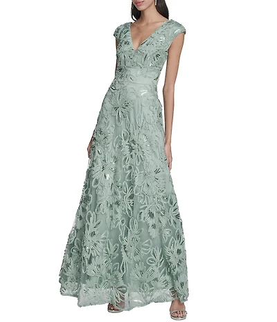 Eliza J Sequin Soutache V-Neck Cap Sleeve A-Line Gown