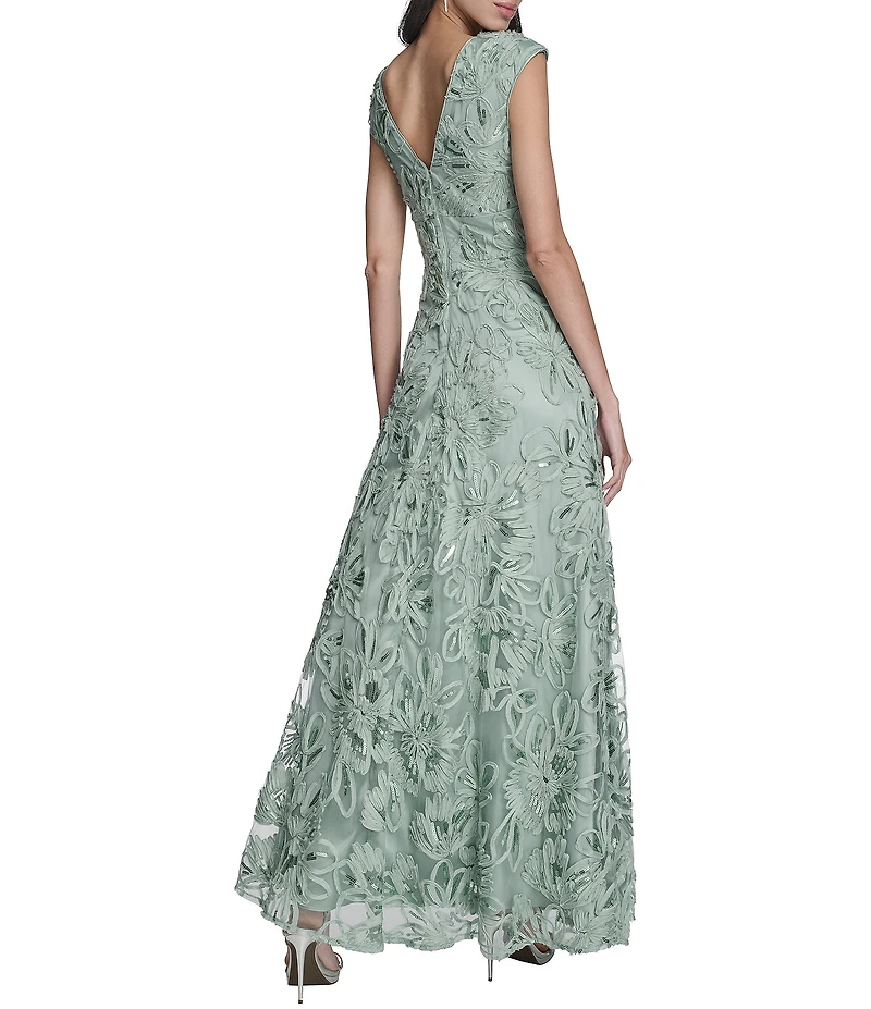 Eliza J Sequin Soutache V-Neck Cap Sleeve A-Line Gown