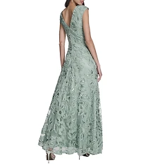 Eliza J Sequin Soutache V-Neck Cap Sleeve A-Line Gown