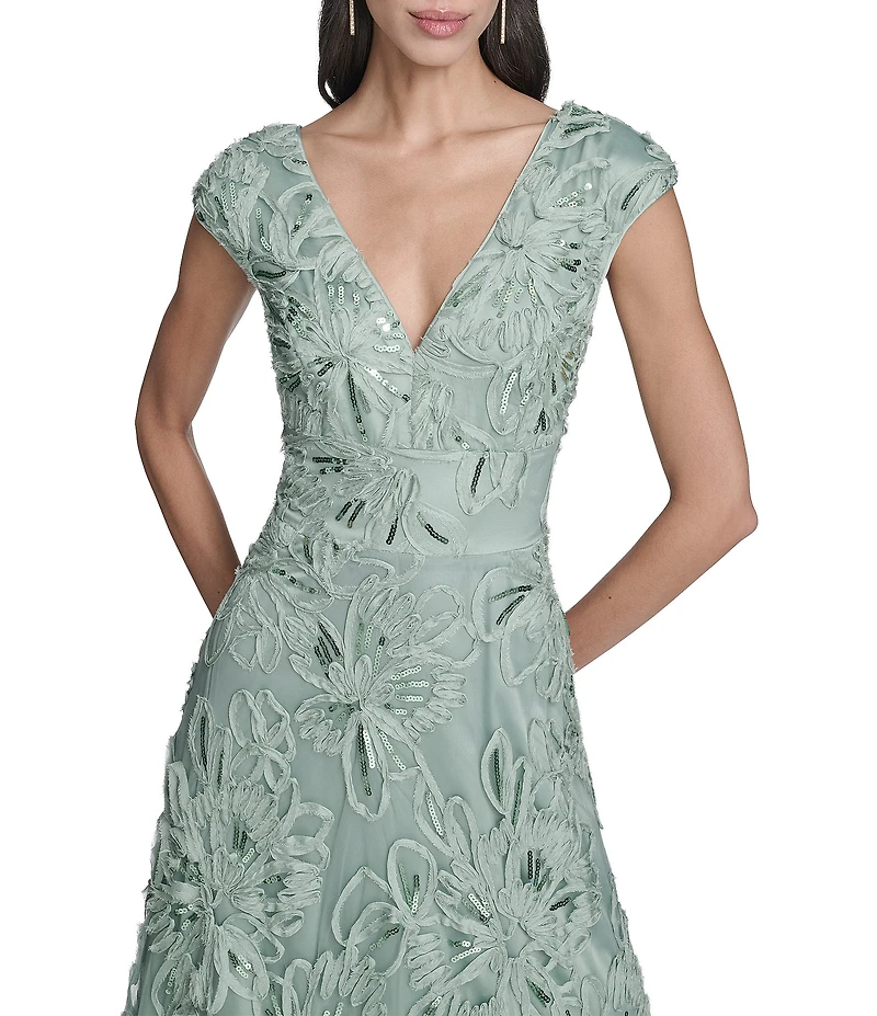 Eliza J Sequin Soutache V-Neck Cap Sleeve A-Line Gown