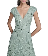Eliza J Sequin Soutache V-Neck Cap Sleeve A-Line Gown