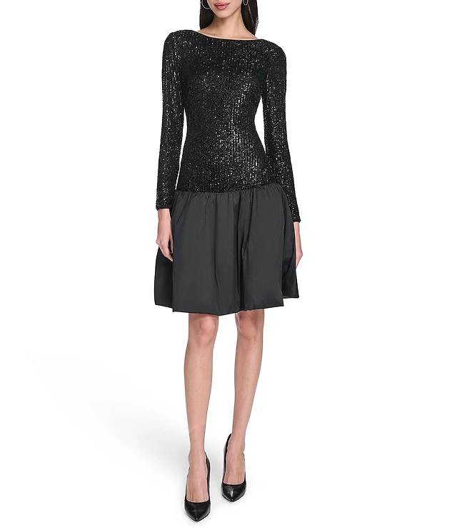Eliza J Sequin Taffeta Long Sleeve Boat Neck Bubble Hem Dress | Liberty  Center
