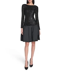 Eliza J Sequin Taffeta Long Sleeve Boat Neck Bubble Hem Dress