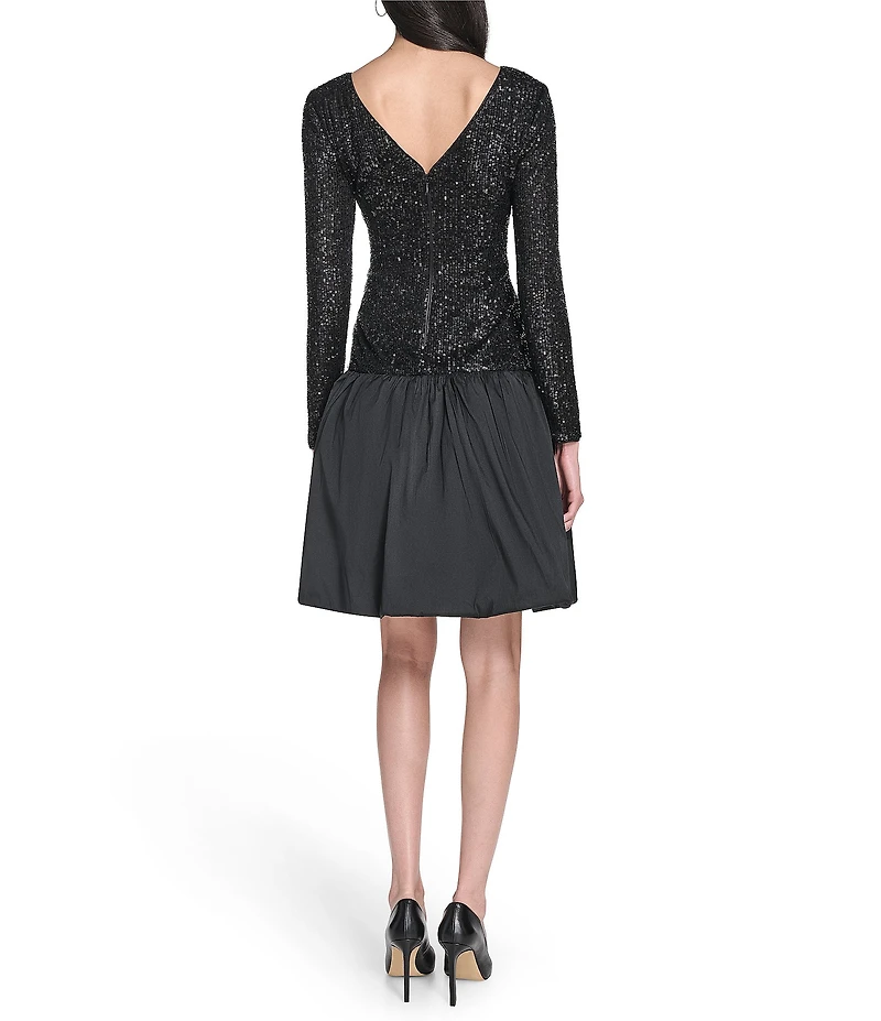 Eliza J Sequin Taffeta Long Sleeve Boat Neck Bubble Hem Dress