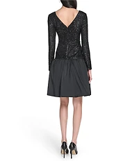 Eliza J Sequin Taffeta Long Sleeve Boat Neck Bubble Hem Dress