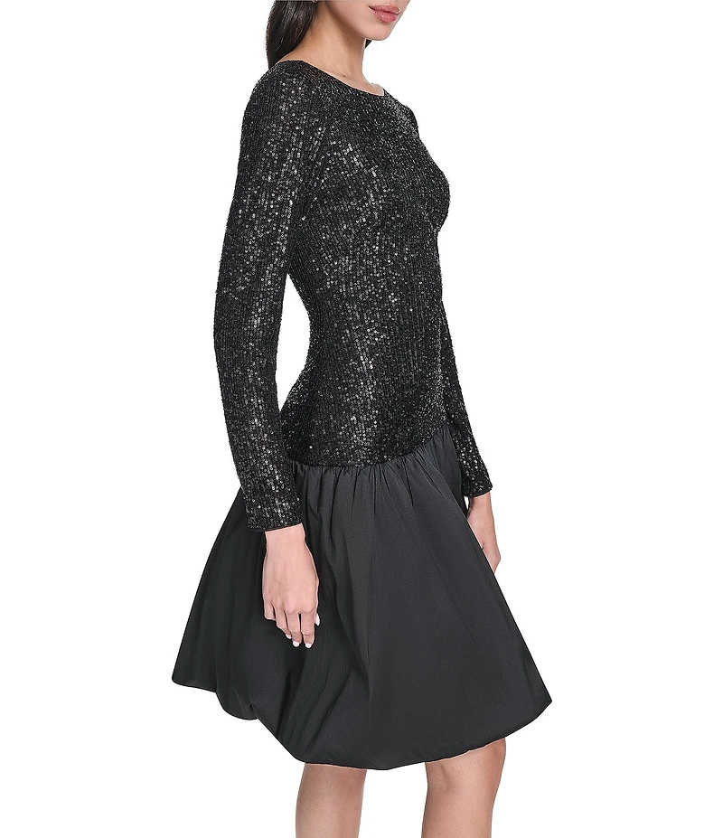 Eliza J Sequin Taffeta Long Sleeve Boat Neck Bubble Hem Dress