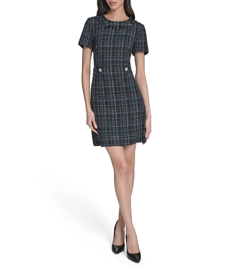 Eliza J Short Sleeve Embellished Button Boucle Shift Mini Dress