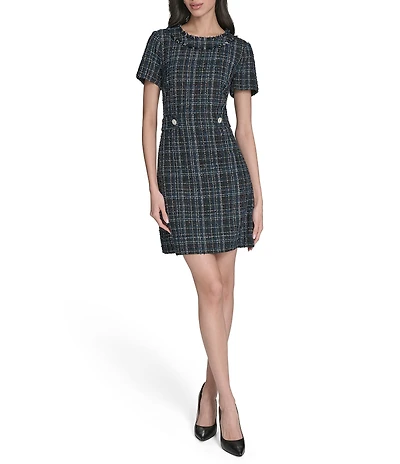 Eliza J Short Sleeve Embellished Button Boucle Shift Mini Dress