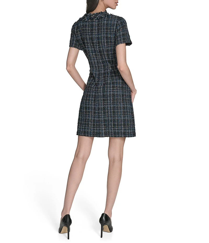 Eliza J Short Sleeve Embellished Button Boucle Shift Mini Dress