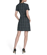 Eliza J Short Sleeve Embellished Button Boucle Shift Mini Dress