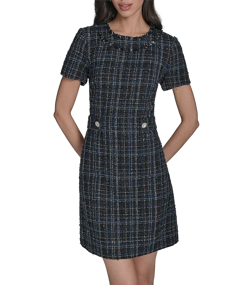 Eliza J Short Sleeve Embellished Button Boucle Shift Mini Dress