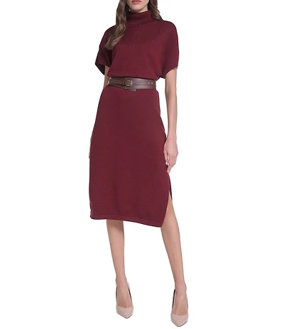Eliza J Short Sleeve Mock Neck Knit Belted Midi Dress