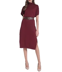 Eliza J Short Sleeve Mock Neck Knit Belted Midi Dress