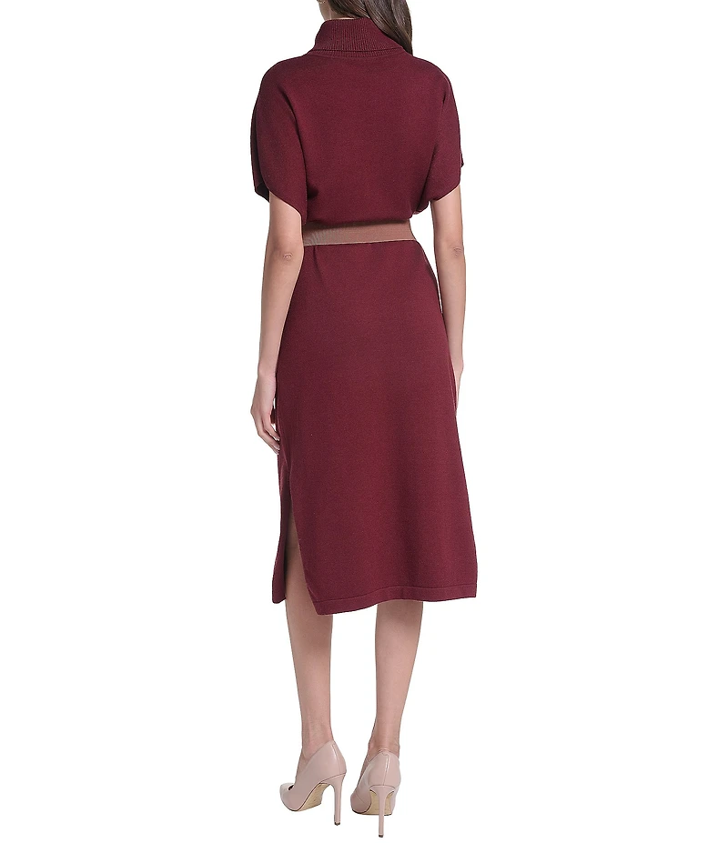 Eliza J Short Sleeve Mock Neck Knit Belted Midi Dress