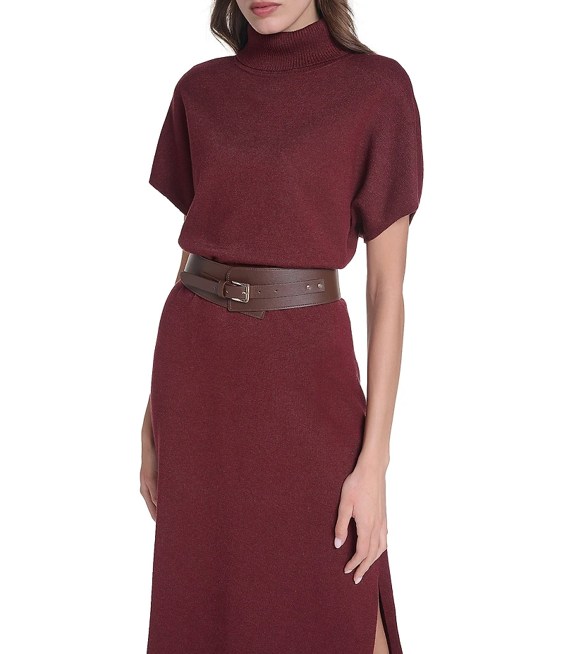 Eliza J Short Sleeve Mock Neck Knit Belted Midi Dress