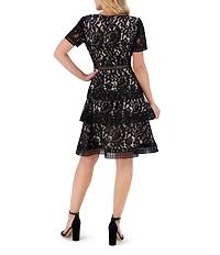 Eliza J Short Sleeve Ruffle Tiered Lace Mini Dress