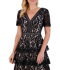 Eliza J Short Sleeve Ruffle Tiered Lace Mini Dress