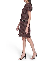 Eliza J Short Sleeve Metallic Tweed Embellished Pockets Shift Dress