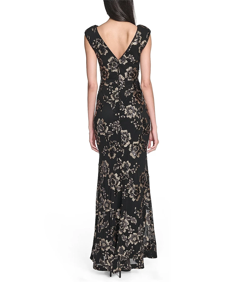 Eliza J Sleeveless Boat Neck Sequin Floral Gown