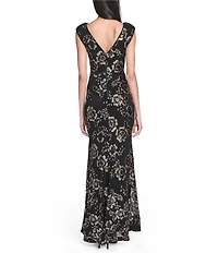 Eliza J Sleeveless Boat Neck Sequin Floral Gown