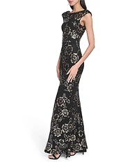 Eliza J Sleeveless Boat Neck Sequin Floral Gown