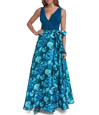 Eliza J Sleeveless Floral Wrap Surplice Bodice Ballgown