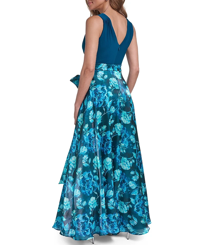 Eliza J Sleeveless Floral Wrap Surplice Bodice Ballgown