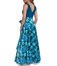 Eliza J Sleeveless Floral Wrap Surplice Bodice Ballgown