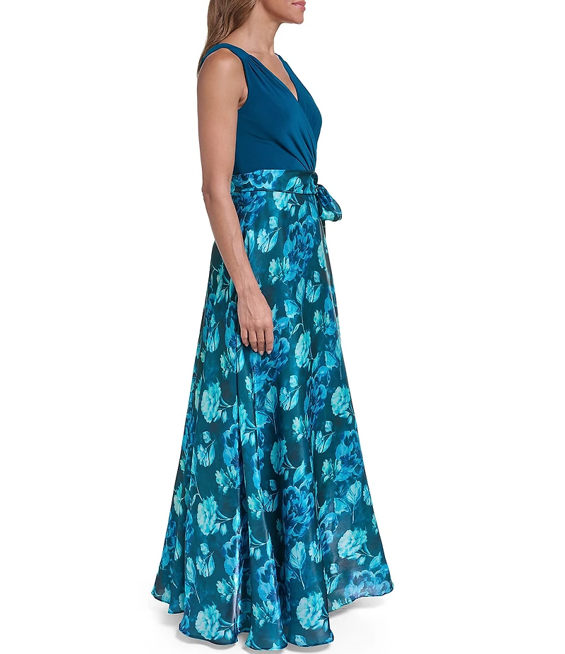 Eliza J Sleeveless Floral Wrap Surplice Bodice Ballgown