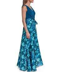 Eliza J Sleeveless Floral Wrap Surplice Bodice Ballgown