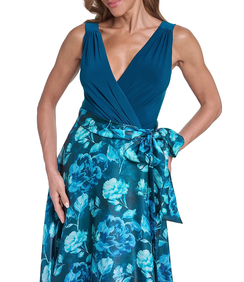 Eliza J Sleeveless Floral Wrap Surplice Bodice Ballgown